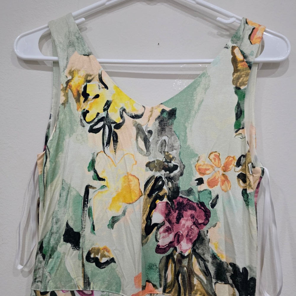 Peruvian Connection Tahitian Flowers Maxi Dress Floral V-Neck Mesh Green Small - Picture 7 of 7